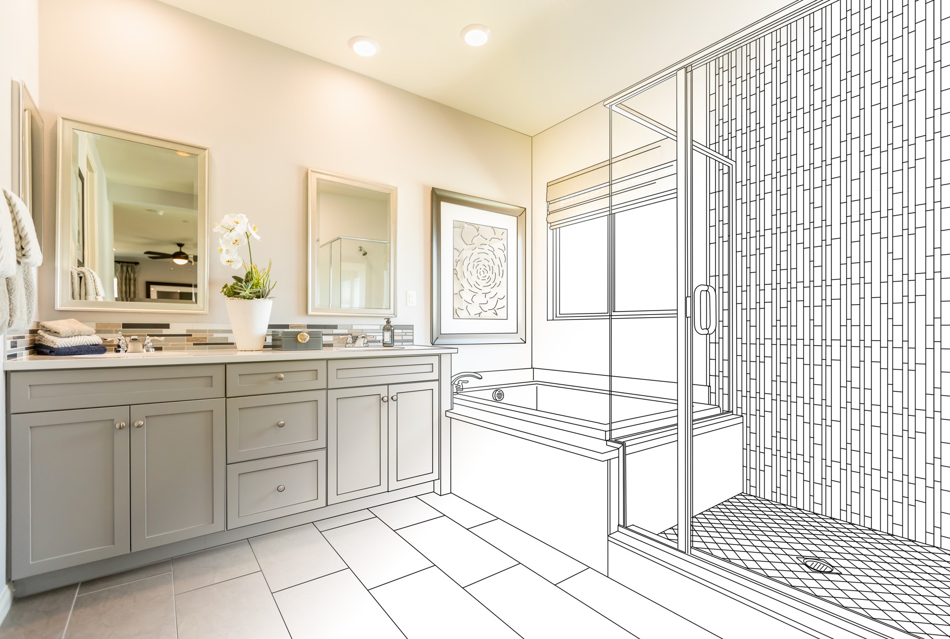 Custom Master Bathroom Design Drawing Gradating to Finished Photo